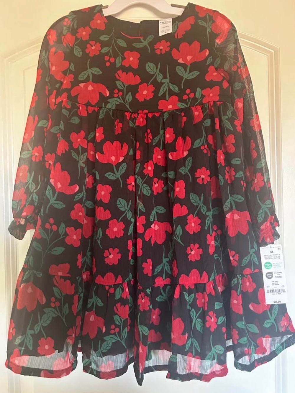 Carter's Black Dress with Red Floral Print and Green Leaves - Picture 3 of 4